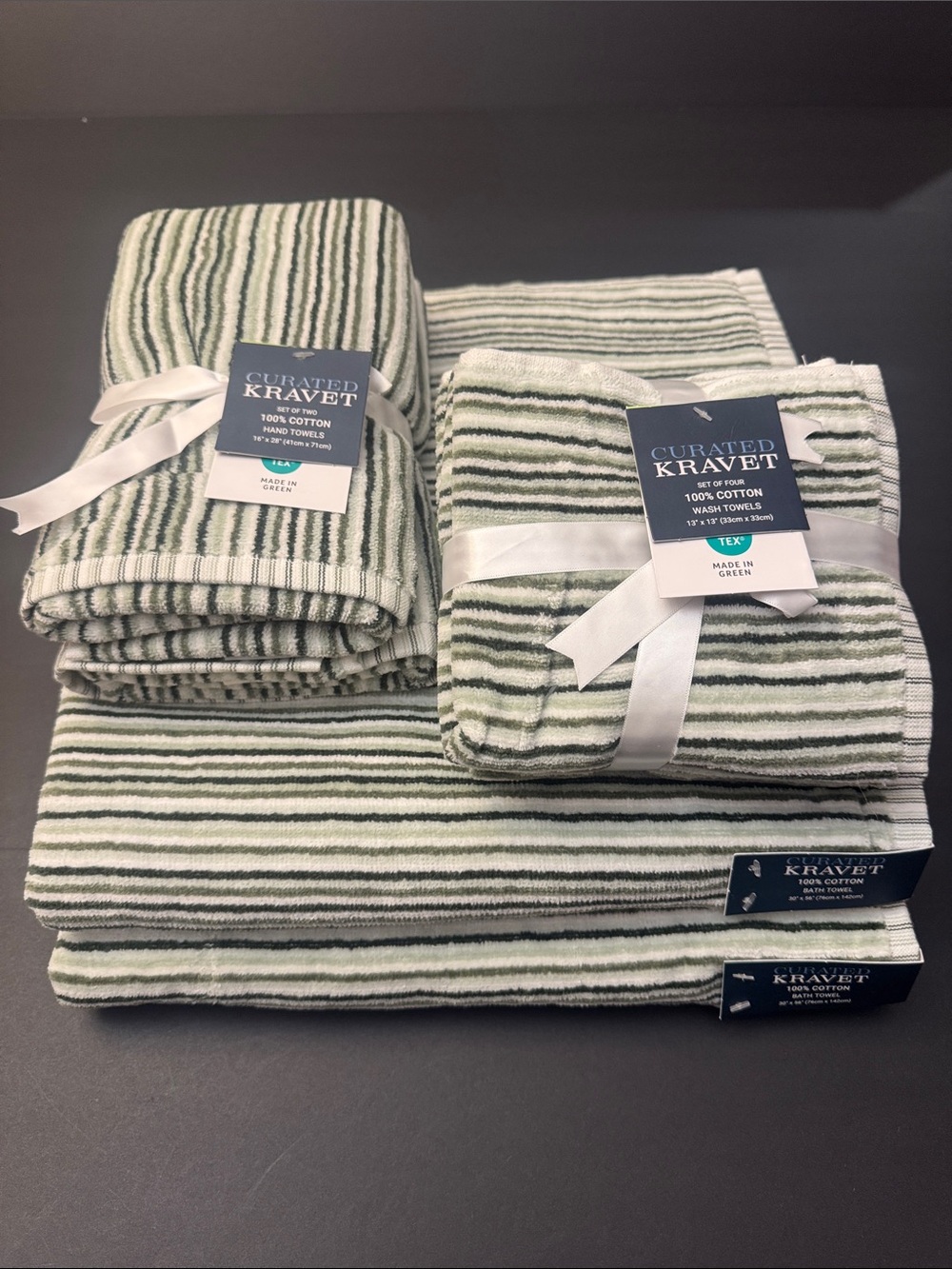 8pc CURATED KRAVET 100% Cotton Green/White Striped Bath Towel Set - Logan